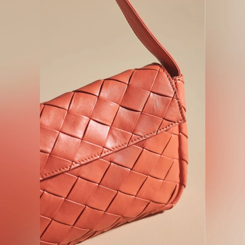 Anthropologie Woven Leather Shoulder Bag, Terracotta, Clay, Boxy, Purse